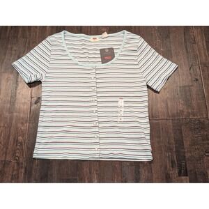 Levi's Shirt Womens Medium Pearl Snap Front Blue Striped Ribbed Slim Fit Tee Top